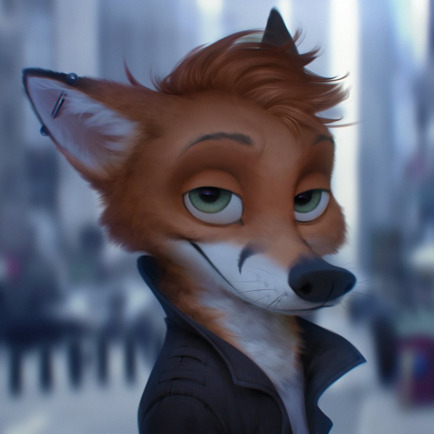 anthro black_nose blurred_background brown_body brown_fur brown_hair clothed clothing ear_piercing ear_ring fur green_eyes hair looking_at_viewer male orange_body orange_fur piercing ring_piercing smile smirk solo whiskers white_body white_fur wayn_animation canid canine fox mammal 1:1 2022 adobe_photoshop_(artwork) digital_media_(artwork) hi_res