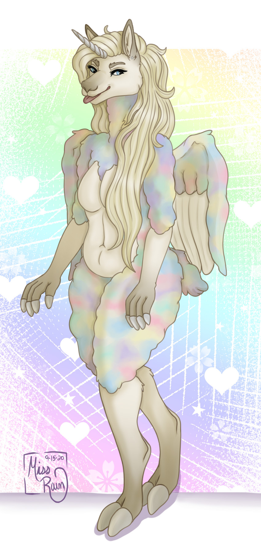 anthro blonde_hair female fur hair hooves horn long_hair multicolored_body multicolored_fur multicolored_wool rainbow_body rainbow_fur rainbow_wool solo tongue wings wool_(fur) miss_rain mythology camelid equid equine llama mammal mythological_creature mythological_equine pegasus unicorn hi_res