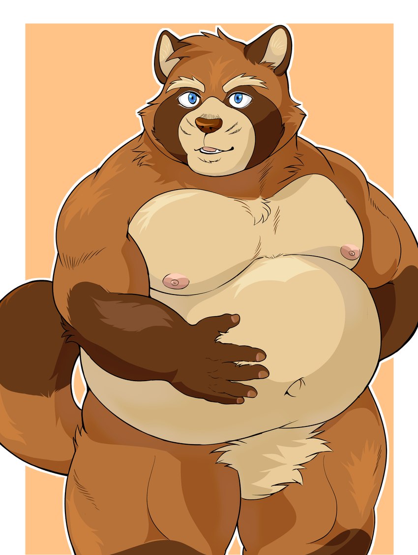 anthro belly big_belly blue_eyes brown_body brown_fur fur humanoid_hands kemono male moobs navel nipples nude overweight overweight_anthro overweight_male pubes simple_background solo whiskers hysk canid canine mammal raccoon_dog tanuki absurd_res hi_res