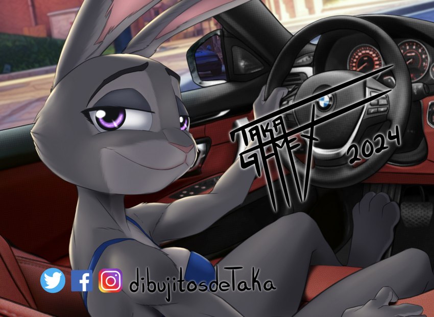 4_toes anthro barefoot bikini breasts car clothing feet female fingers fur grey_body inside inside_car inside_vehicle looking_at_viewer sitting smile solo swimwear toes two-piece_swimsuit vehicle taka_studio bmw disney zootopia judy_hopps lagomorph leporid mammal rabbit 2024 digital_media_(artwork) distracting_watermark hi_res signature watermark