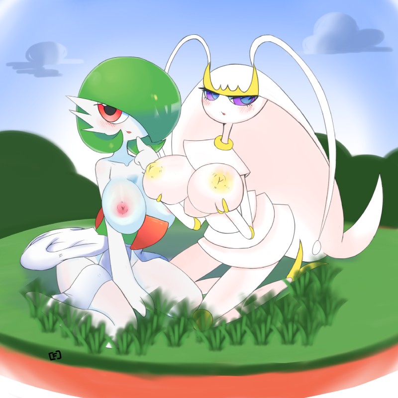 big_breasts blush breasts duo eyelashes female inverted_nipples looking_at_viewer nipples non-mammal_nipples loveboxf nintendo pokemon gardevoir generation_3_pokemon generation_7_pokemon pheromosa pokemon_(species) ultra_beast 1:1 hi_res signature