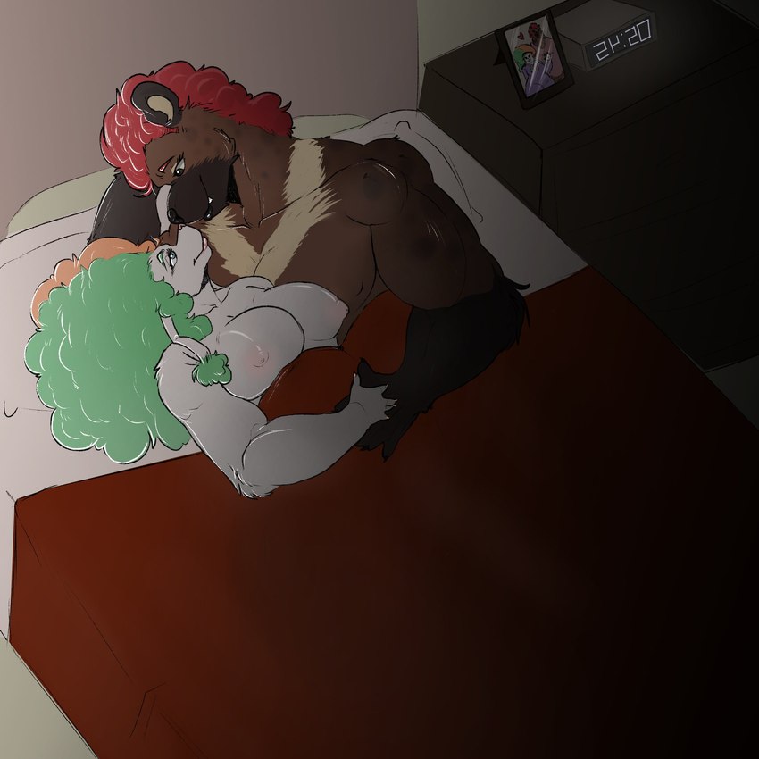 anthro bed bed_covers bedding bedroom black_lips blue_eyes brown_body brown_eyes brown_fur chest_markings clock crescent_moon duo female frohawk fur fur_markings furniture glistening glistening_lips hand_holding highlights_(coloring) hug lips looking_at_another lying male male/female markings moon musclegut muscular muscular_anthro muscular_male nightstand nipples nose_to_nose overweight overweight_female pink_nipples pink_nose romantic romantic_ambiance romantic_couple slightly_chubby slightly_chubby_female split_color spots spotted_body spotted_fur white_body white_fur snorlynorla manna-mint mr.hakkai bear canid canine canis domestic_dog hyena mammal poodle 1:1 hi_res