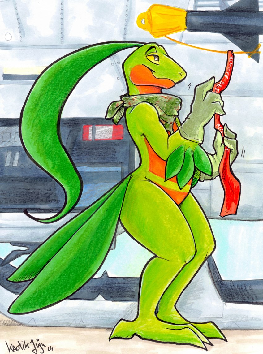 aircraft anthro clothing gloves green_body handwear helicopter kerchief leaf leaf_hair leaf_tail male missile multicolored_body plant plant_hair pseudo_hair red_body semi-anthro smile solo tail two_tone_body vehicle yellow_sclera kaotikjuju nintendo pokemon kalidos generation_3_pokemon grovyle pokemon_(species) hi_res traditional_media_(artwork)