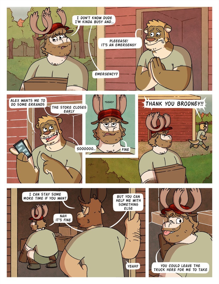 anthro antlers beard blep box building clothed clothing container dialogue facial_hair forest group hat headgear headwear horn male one_eye_closed plant speech_bubble tail text tongue tongue_out tree trio wink nardodraws rodney_(nardodraws) tom_(nardodraws) deer mammal moose mustelid new_world_deer otter comic english_text hi_res