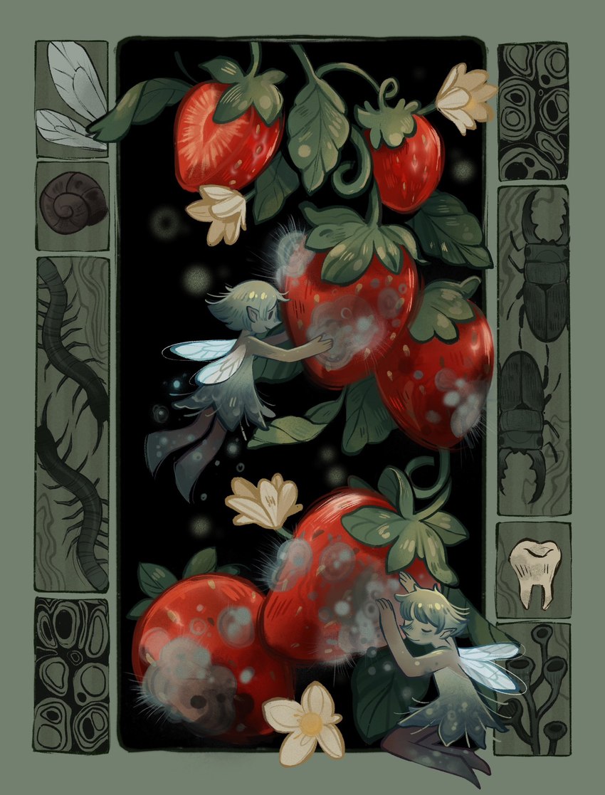 clothing dress duo feral flower food fruit fungus humanoid_pointy_ears insect_wings leaf micro mold_(fungus) not_furry plant pointy_ears strawberry teeth wings feefal arthropod beetle elemental_creature elemental_humanoid fairy fungi_fauna fungi_humanoid humanoid insect winged_humanoid hi_res
