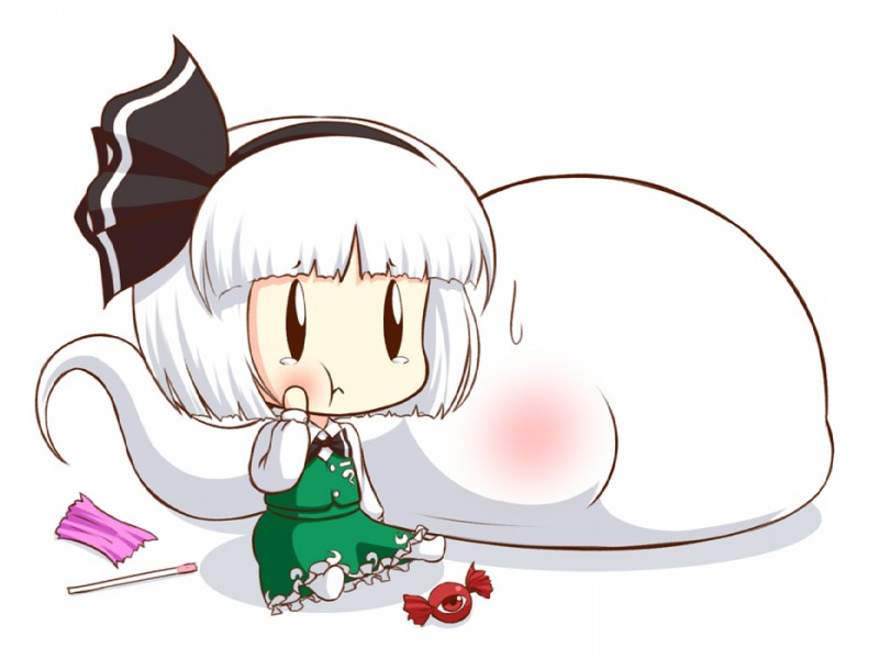 accessory blush bodily_fluids candy chibi dessert duo female food hair_accessory hairband lollipop not_furry poof simple_background sweat sweatdrop toothache white_background mazume touhou myon youmu_konpaku human mammal digital_media_(artwork)