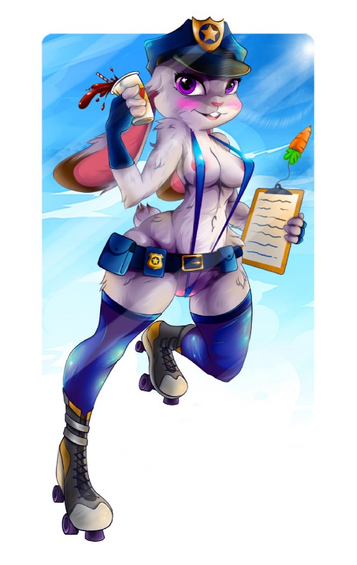 action_pose anthro arms_bent badge bent_leg beverage bikini blush carrot_pen clipboard clothing container corded_writing_utensil cup disposable_cup dual_holding female food fur grey_body grey_fur holding_beverage holding_clipboard holding_container holding_cup holding_disposable_cup holding_object long_ears looking_at_viewer one-piece_swimsuit one_calf_up pen police police_hat police_uniform policewoman pose purple_eyes quad_skates raised_calf raised_foot roller_skates skating sling_bikini smile solo straight_leg swimwear teeth themed_object two-piece_swimsuit uniform writing_utensil azura_inalis disney zootopia judy_hopps lagomorph leporid mammal rabbit 2016 digital_media_(artwork) full-length_portrait hi_res portrait