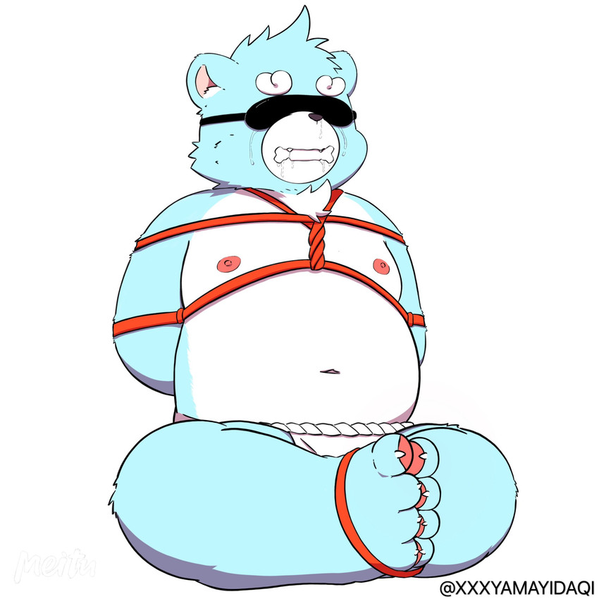 anthro asian_clothing belly blindfold blue_body blue_fur bodily_fluids bound clothing crying east_asian_clothing fundoshi fur japanese_clothing kemono male nipples overweight overweight_anthro overweight_male rope simple_background sitting solo tears underwear white_background white_body white_fur young young_anthro xxxyamayidaqi bonasiah full_attack sophring_hao bear mammal 1:1 2020 hi_res