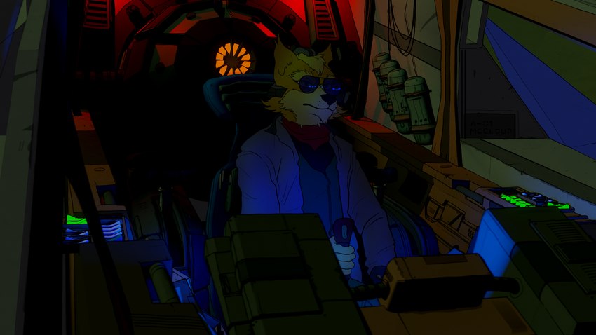 anthro black_nose clothing eyewear fur inside jacket kerchief male multicolored_body multicolored_fur neckerchief neckwear pilot sitting solo spacecraft technology topwear vehicle yellow_body yellow_fur fredryk_phox a_fox_in_space nintendo star_fox james_mccloud canid canine fox mammal 16:9 4k absurd_res hi_res widescreen