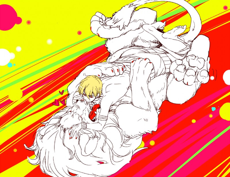 4_fingers 4_toes 5_fingers 5_toes blonde_hair duo fangs feet feral fingers hair heart_symbol hug male on_top open_mouth pawpads red_eyes teeth toes kettle21 fate_(series) type-moon archer_gilgamesh felid human lion mammal pantherine 2012 digital_media_(artwork)