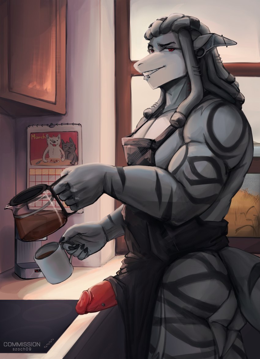 anthro apron apron_only beverage big_breasts big_butt breasts butt clothed clothing coffee coffee_cup container cup dreadlocks erection genitals hair kitchen looking_at_viewer male male/male morning nude penis smile solo tail teeth szoch gonzalo_(gonsha) fish marine shark absurd_res hi_res multiple_images