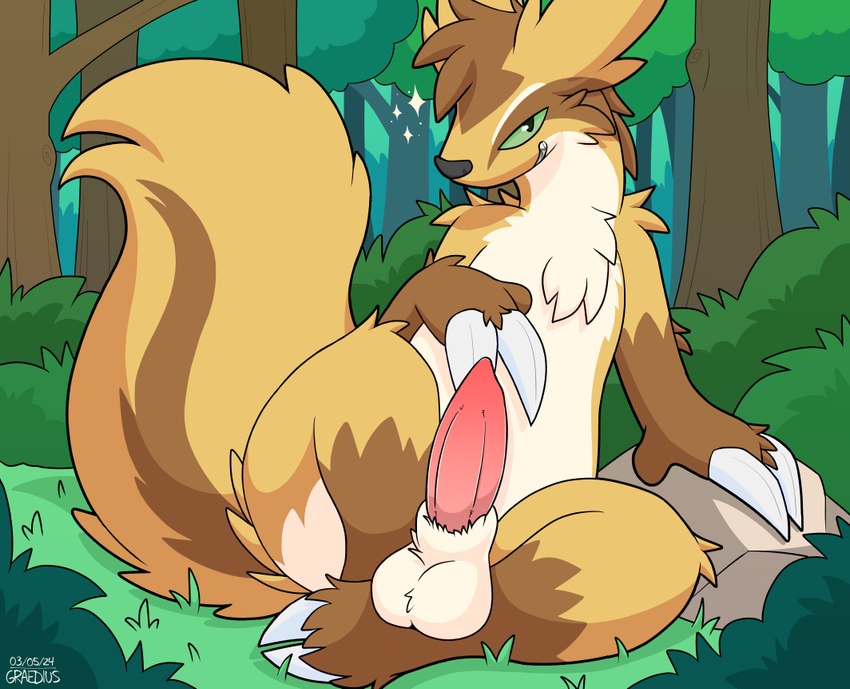 animal_genitalia anthro balls claws erection fluffy fluffy_tail genitals looking_at_viewer male outside penis sheath sitting smile solo tail graedius_(artist) nintendo pokemon graedius_(linoone) pokemon_(species)