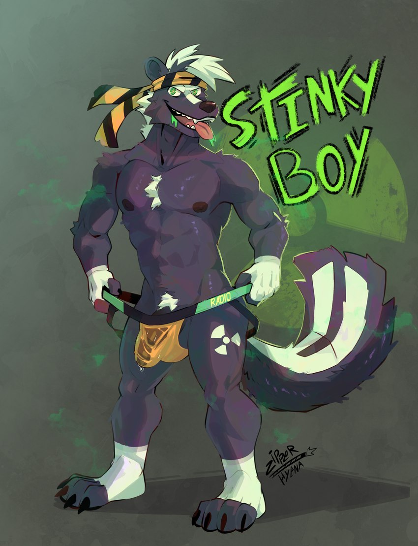 anthro black_body black_fur bodily_fluids chest_tuft clothing colored_saliva convention_mascot fangs feet fur genitals glowing glowing_eyes glowing_saliva green_eyes green_saliva hazard_symbol jockstrap kerchief male mascot musk musk_clouds penis radiation_symbol radioactive saliva skinny smelly smelly_feet solo symbol tape teeth tuft underwear unusual_bodily_fluids unusual_saliva white_body white_fur yellow_tape zipperhyena warning_yiff radio_skunk mammal mephitid skunk absurd_res hi_res