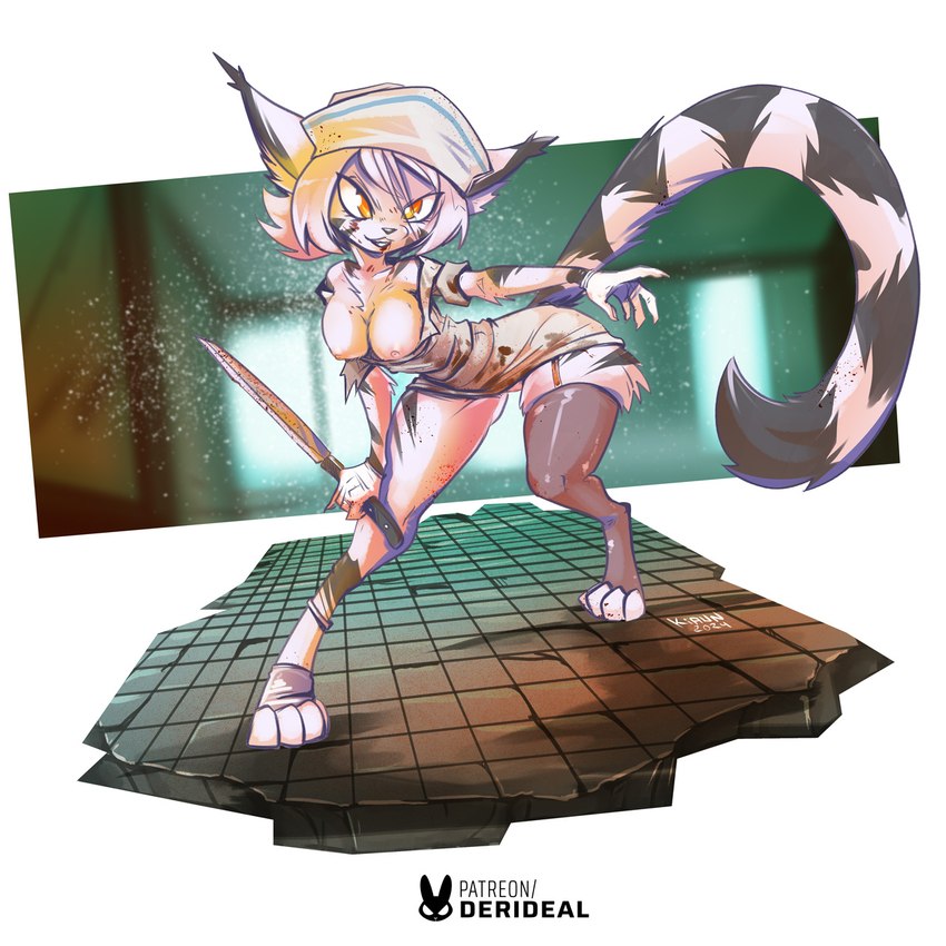 anthro breasts claws clothing detailed_background female floor grey_nose hat headgear headwear knife legwear letters nipples nurse nurse_clothing nurse_hat nurse_headwear nurse_uniform orange_eyes pose simple_background solo standing striped_body stripes symbol tail teeth text thigh_highs tile tile_floor uniform weapon white_background window yellow_eyes kiaun derideal konami silent_hill ivory_(derideal) domestic_cat felid feline felis mammal 1:1 2024 colored crossover digital_drawing_(artwork) digital_media_(artwork) english_text hi_res icon shaded signature url