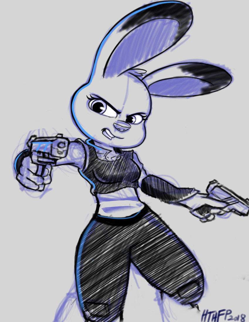 4_fingers action_pose anthro bottomwear clothing dual_wielding eyelashes female fingers gun handgun holding_object holding_weapon looking_at_viewer open_mouth pants police police_uniform pose ranged_weapon simple_background solo teeth uniform weapon white_background hthfp disney zootopia judy_hopps lagomorph leporid mammal rabbit 2018 absurd_res hi_res signature sketch