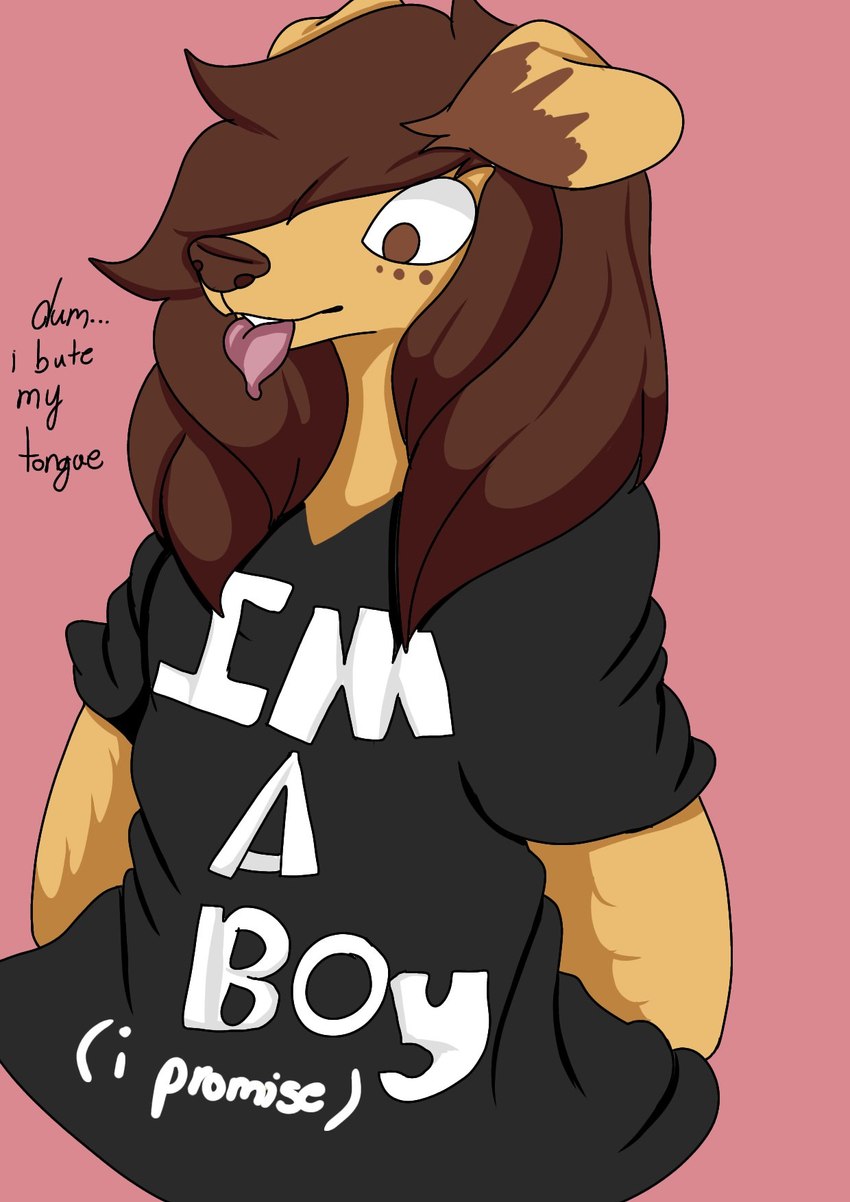 anthro bite clothing dialogue floppy_ears male shirt solo text text_on_clothing tongue tongue_bite topwear unknown_artist dusty_(princedusty) canid canine canis domestic_dog mammal english_text hi_res