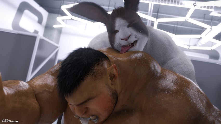 anthro duo fangs fur male male/male muscular muscular_humanoid muscular_male teeth tongue tongue_out vein veiny_muscles ad-games bugrol_(ad-games) dirk_(ad-games) humanoid lagomorph leporid mammal orc rabbit 16:9 3d_(artwork) digital_media_(artwork) hi_res widescreen