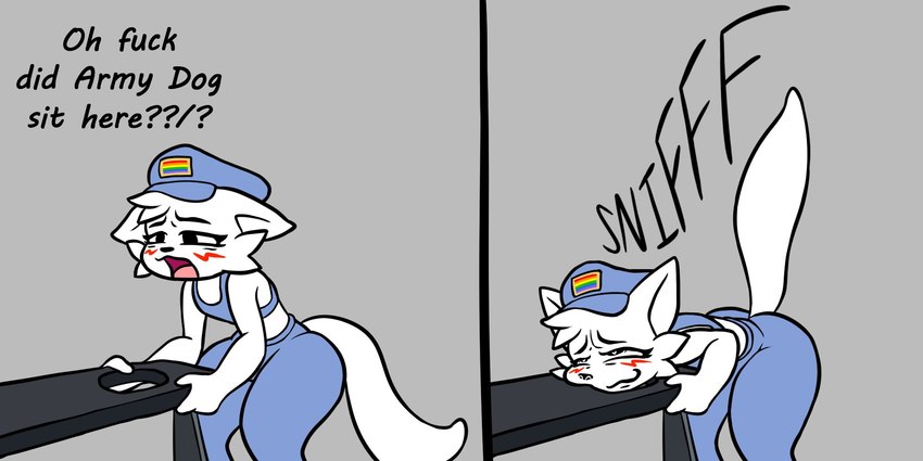 2_panel_comic anthro blush blush_lines clothing crop_top dialogue femboy fur grey_background humor leggings legwear male open_mouth police police_hat raised_tail shirt simple_background smile sniffing sniffing_seat solo tail text topwear white_body white_fur agrexoaxo boy_kisser_(meme) oh_fuck_did_x_sit_here? officer_boykisser_(junoandmaxx) domestic_cat felid feline felis mammal digital_drawing_(artwork) digital_media_(artwork) english_text hi_res meme