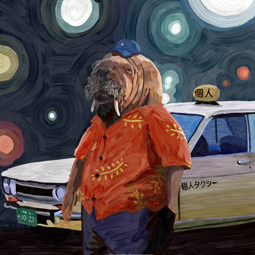 anthro bottomwear brown_body car clothing hat headgear headwear male pants realistic shirt slightly_chubby solo text topwear tuks vehicle toriyamashutty datsun odd_taxi hiroshi_odokawa_(odd_taxi) mammal marine pinniped walrus 1:1 2021 hi_res japanese_text