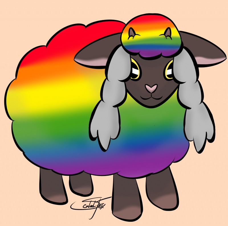 2_horns braided_hair dark_body dark_skin feral fluffy fur hair heart_nose heart_symbol horizontal_pupils horn lgbt_pride multicolored_body multicolored_fur pink_background pride_colors pupils quadruped rainbow_body rainbow_fur rainbow_pride_colors simple_background six-stripe_rainbow_pride_colors solo standing wool_(fur) scaledfox nintendo pokemon bovid caprine generation_8_pokemon mammal pokemon_(species) wooloo 2019 absurd_res hi_res