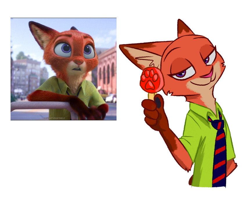 anthro clothed clothing dipstick_ears ear_markings food fur gloves_(marking) holding_food holding_object holding_popsicle inner_ear_fluff looking_at_viewer male markings multicolored_ears necktie orange_body orange_fur pawpads pawpsicle popsicle purple_eyes shirt smile solo topwear tuft what_has_science_done theblueberrycarrots disney zootopia nick_wilde canid canine fox hybrid lagomorph leporid mammal rabbit red_fox true_fox hi_res