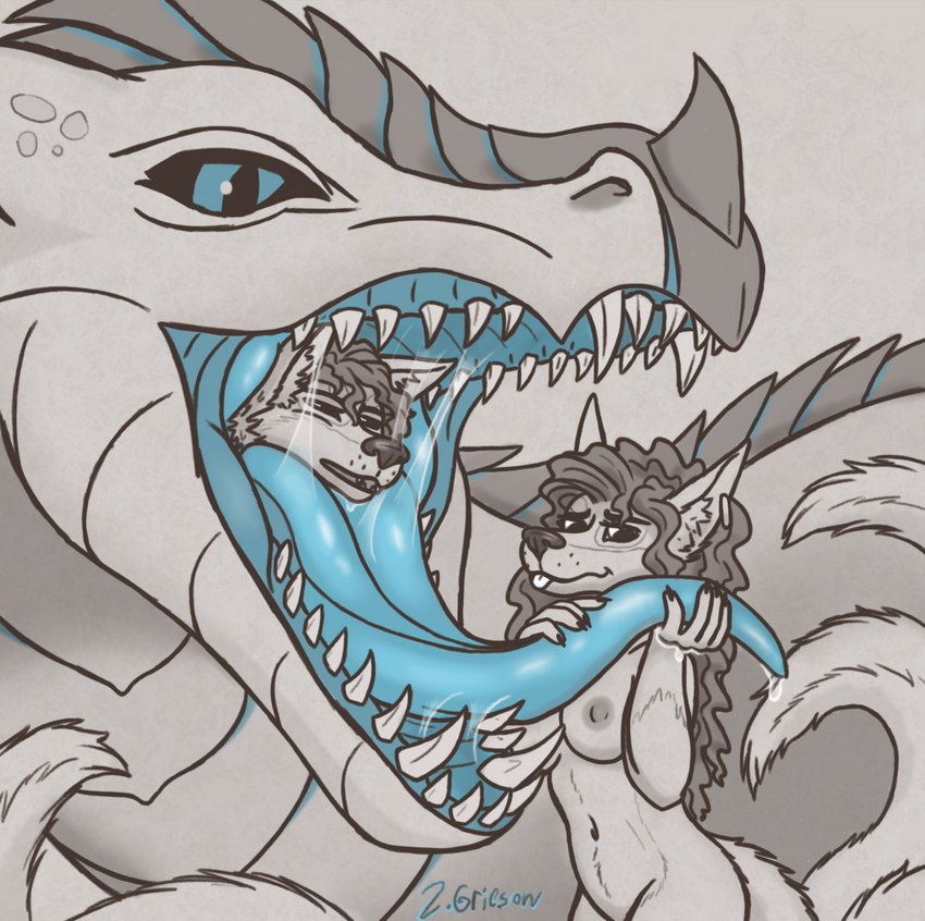 almost_fully_inside anthro anthro_prey areola blep blue_eyes blue_insides blue_mouth blue_tongue bodily_fluids breasts cyan_insides cyan_mouth female feral feral_pred fingers fur group hair head_in_mouth in_mouth in_throat larger_pred male mawplay multi_tail nipples nude open_mouth oral_vore partially_inside saliva saliva_string size_difference smaller_prey swallowing tail teeth tongue tongue_grab tongue_out tongue_play tongueplay trio vore willing_prey longtailshorttemper mythology xero_(captainscales) zachary_(longtailshorttemper) zalia_(longtailshorttemper) dragon greenwolf mythological_creature mythological_scalie scalie hi_res