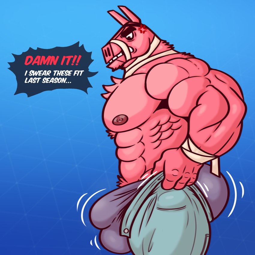 abs angry anthro bandage bandaged_arm bandaged_neck big_bulge big_butt big_pecs blue_background bottomwear bulge butt clenched_teeth clothing cross-popping_vein denim denim_bottomwear denim_clothing dialogue eye_patch eyewear fur jeans looking_down male muscular nipples pants pecs pinata pink_body pink_fur simple_background solo speech_bubble teeth text tight_bottomwear tight_clothing tufted_fur posstype epic_games fortnite tight_pants_(meme) lt._john_llama animate_inanimate camelid living_pinata llama mammal 1:1 absurd_res english_text hi_res meme