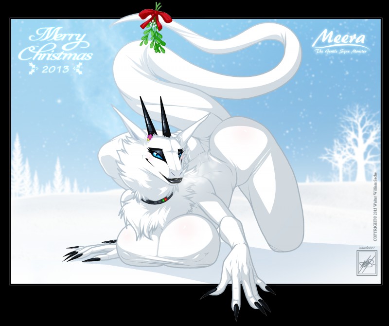 all_fours anthro big_breasts black_lips blue_eyes breasts claws collar day female fur holiday_message holidays horn kissing_bough lips looking_at_viewer mistletoe outside plant sky smile snow solo tail text thick_lips tree white_body white_fur walter_sache christmas meera synx 2013 absurd_res alpha_channel digital_media_(artwork) english_text hi_res