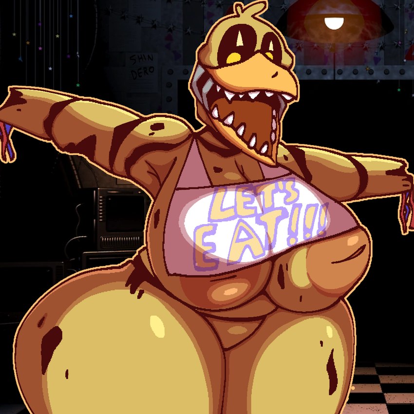 anthro areola beak bib big_breasts black_sclera breasts brown_areola brown_nipples feathers featureless_crotch female head_feathers head_tuft huge_breasts inverted_nipples machine nipples nude open_mouth solo teeth thick_thighs toothed_beak tuft wide_hips wire yellow_body yellow_eyes yellow_feathers derocrossh five_nights_at_freddy's five_nights_at_freddy's_2 scottgames withered_chica_(fnaf) animatronic avian bird chicken galliform gallus_(genus) phasianid robot 1:1 2024 absurd_res digital_media_(artwork) hi_res