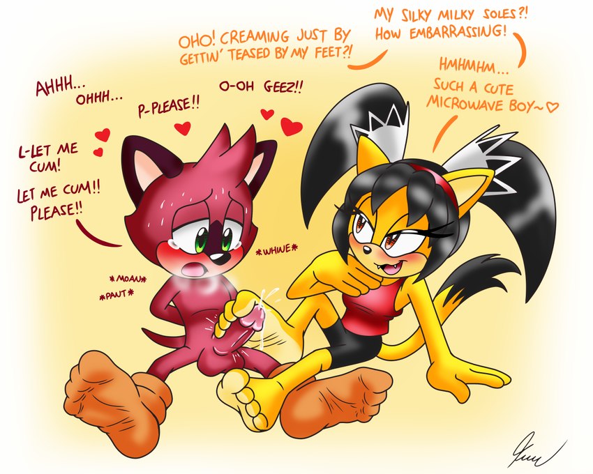 anthro barefoot black_hair bodily_fluids cum dialogue duo ejaculation fangs feet female foot_fetish foot_play footjob genital_fluids genitals green_eyes hair heart_symbol humanoid_feet male orange_eyes penis plantigrade red_body sex teeth text yellow_body skoufidios sega sonic_the_fighters sonic_the_hedgehog_(series) the_murder_of_sonic_the_hedgehog barry_(sonic) honey_the_cat domestic_cat felid feline felis macropod mammal marsupial quokka 5:4 english_text