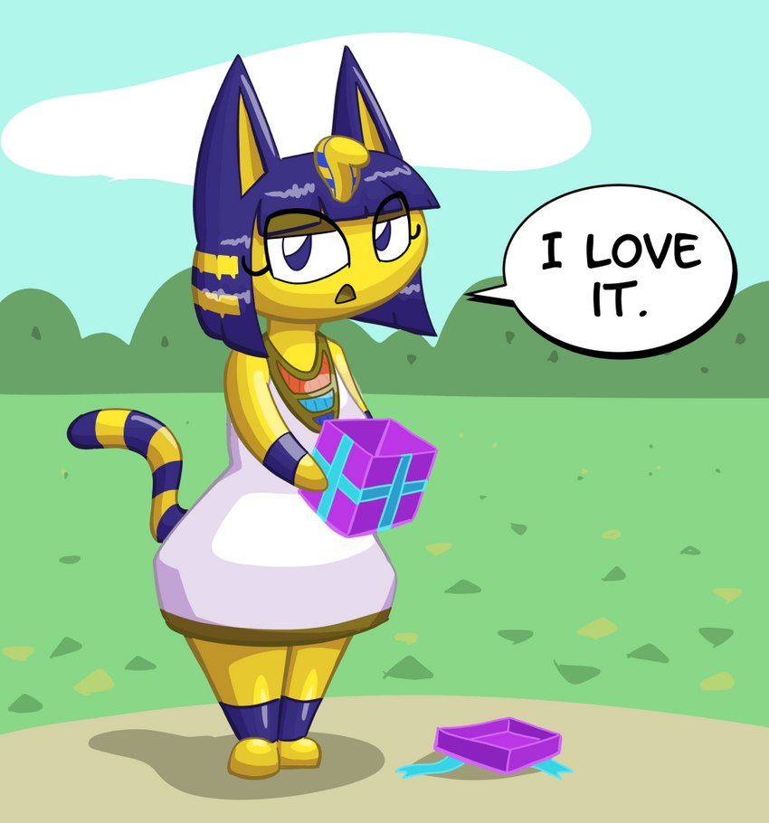 anthro blue_eyes blue_hair clothed clothing dialogue dress female fur hair jewelry markings open_mouth outside solo striped_markings striped_tail stripes tail tail_markings text yellow_body yellow_fur tempestryder animal_crossing nintendo ankha_(animal_crossing) domestic_cat felid feline felis mammal english_text