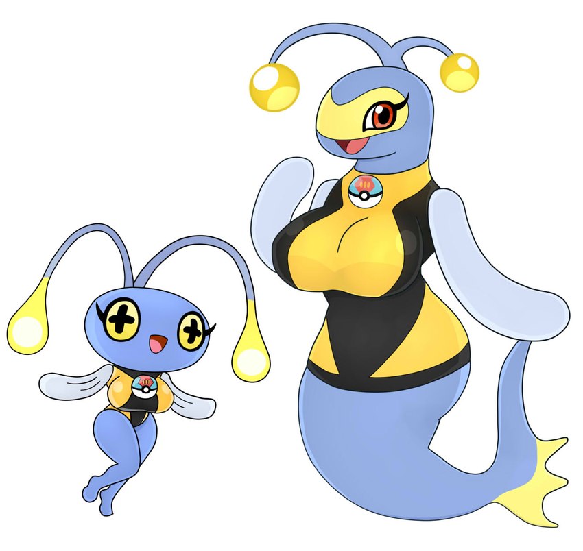 antennae_(anatomy) anthro big_breasts black_eyes blue_body breasts clothing duo female fin happy huge_breasts light lure_ball pokeball red_eyes simple_background swimwear white_background urusee584 nintendo pokemon chinchou fish generation_2_pokemon lanturn marine pokemon_(species) hi_res