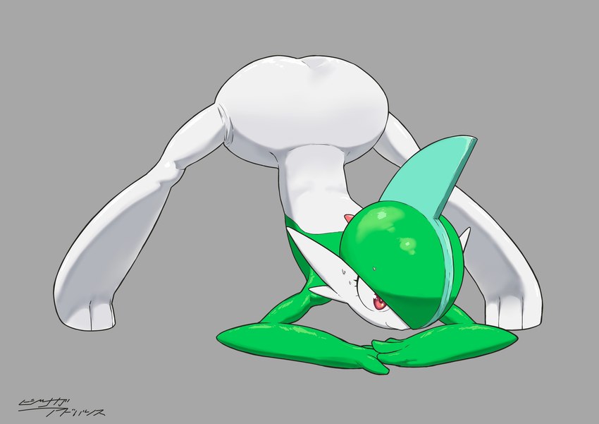 ass_up bodily_fluids butt eyelashes fingers green_body grey_background jack-o'_pose male pose red_eyes reflective_body shadow simple_background solo spread_legs spreading sweat thick_calves thin_thighs white_body 475masarurero nintendo pokemon gallade generation_4_pokemon humanoid pokemon_(species) crest_(disambiguation) absurd_res alternate_version_at_source hi_res signature