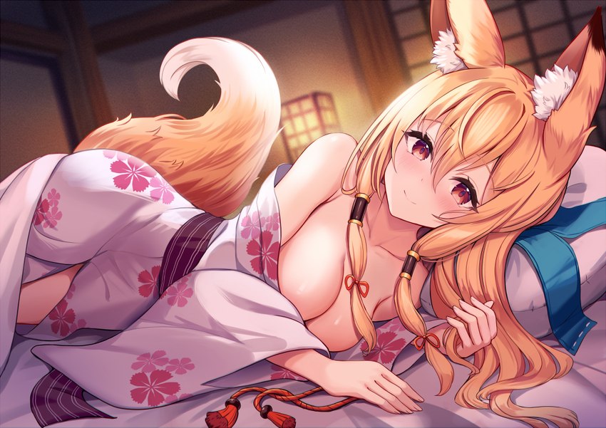 asian_clothing blonde_hair breasts clothing east_asian_clothing female hair inside japanese_clothing kimono looking_at_viewer lying on_side pillow smile solo sakura_ani animal_humanoid canid canid_humanoid canine canine_humanoid fox_humanoid humanoid mammal mammal_humanoid 2023