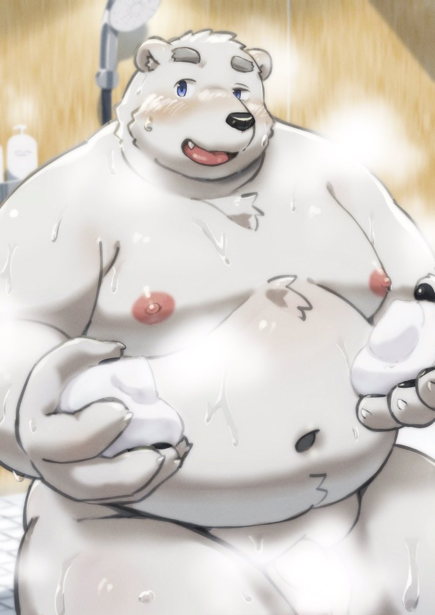 anthro belly big_belly black_nose blush kemono male moobs navel nipples overweight overweight_male sitting solo steam white_body maron2475 utau shirane_kan bear mammal polar_bear ursine 2024 censored hi_res