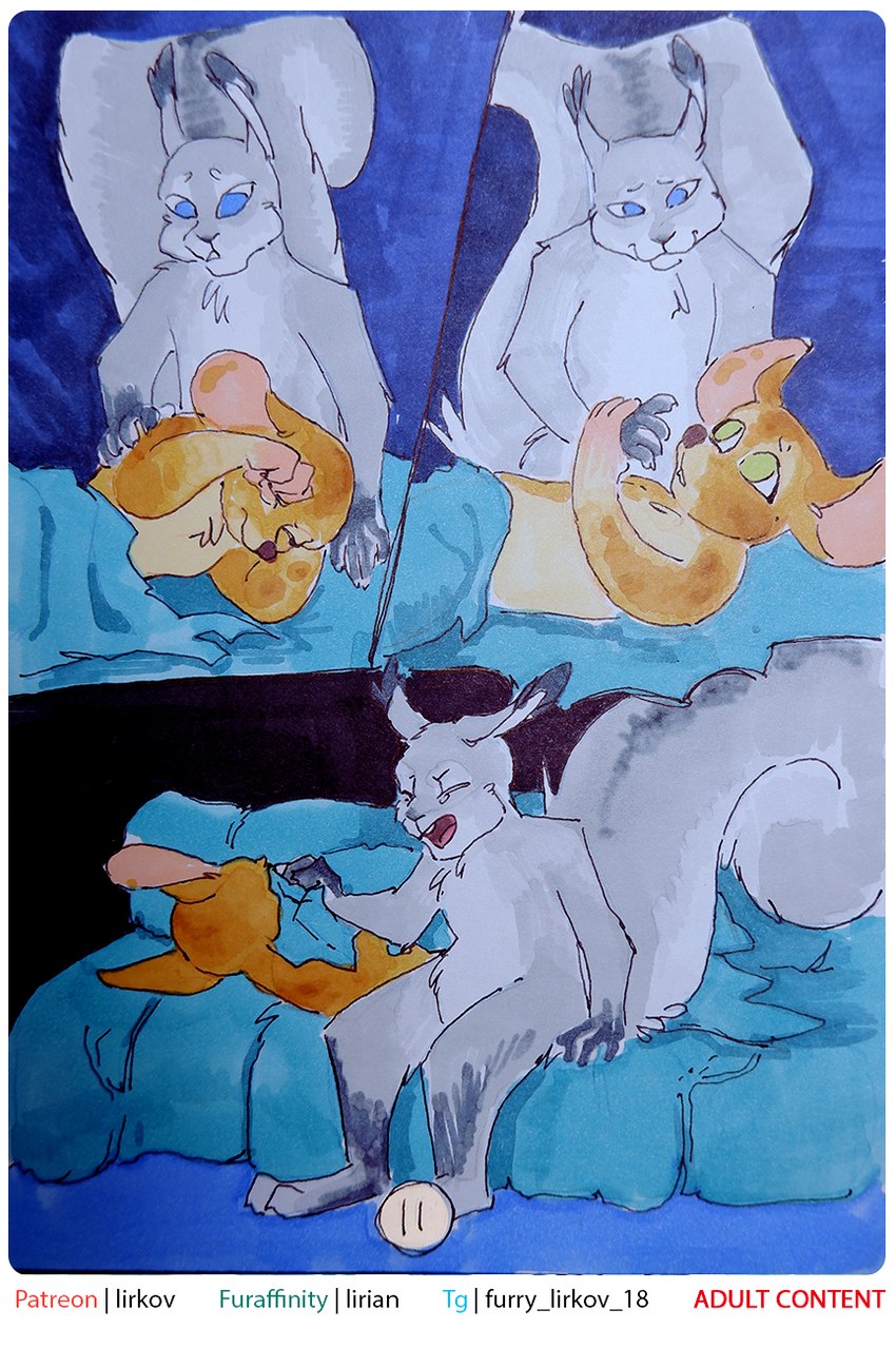 anthro bed brown_body brown_fur casual_nudity duo female fur furniture grey_body grey_fur male male/female nude on_bed open_mouth yawn lirkov mammal mouse murid murine rodent sciurid tree_squirrel comic hi_res marker_(artwork) traditional_media_(artwork)