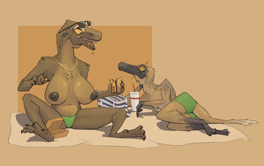 anthro breasts burger chewing clothed clothing container cup duo eating eating_food eyewear eyewear_on_head female food jewelry male male/female necklace open_mouth sunglasses sunglasses_on_head swimming_trunks swimwear topless topless_anthro topless_female topless_male towel zagz jayda_(zagz) jude_(zagz) dinosaur gallimimus ornithomimid prehistoric_species reptile scalie theropod tyrannosaurid tyrannosauroid tyrannosaurus tyrannosaurus_rex hi_res