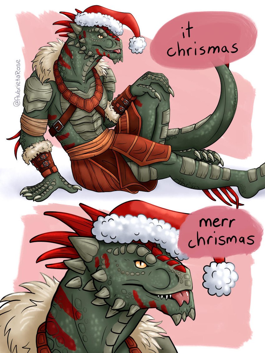 anthro armor blep christmas_clothing christmas_headwear clothing forked_tongue green_body green_scales hat headgear headwear holidays humanoid_hands leather leather_armor male markings pupils red_markings santa_hat scales slit_pupils solo text tongue tongue_out aubrietarose christmas everquest merr_chrismas microsoft the_elder_scrolls abysm argonian iksar lizard reptile scalie 2024 3:4 digital_media_(artwork) english_text hi_res