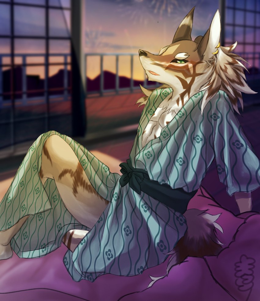 anthro asian_clothing balcony bed blush clothed clothing ear_piercing ear_ring east_asian_clothing fireworks furniture hotel japanese_clothing looking_at_viewer male no_underwear piercing ring_piercing solo yukata 67drttk lifewonders tokyo_afterschool_summoners seth_(tas) canid canine canis jackal mammal hi_res