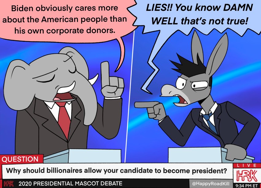 anthro black_hair clothing dialogue dialogue_box duo eyes_closed fur grey_body grey_fur grey_skin hair half-closed_eyes humor lectern male narrowed_eyes necktie open_mouth political_cartoon politics suit text tusks happyroadkill don_kennedy george_o._pillsburry asinus donkey elephant elephantid equid equine mammal proboscidean digital_drawing_(artwork) digital_media_(artwork) english_text flat_colors hi_res