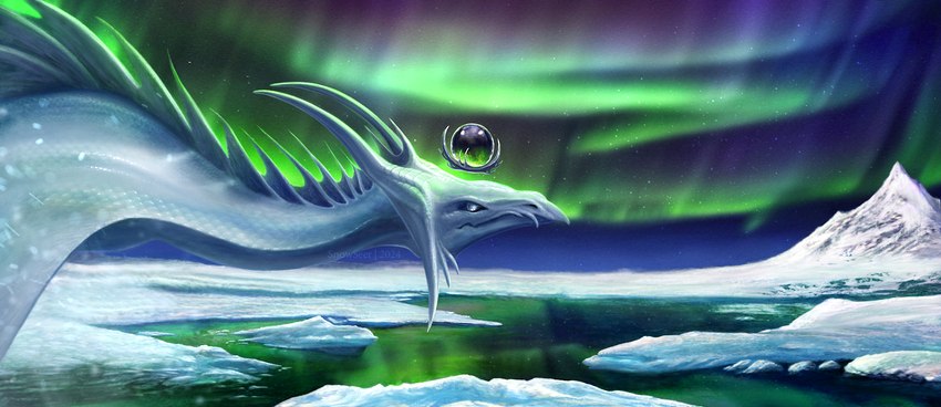 amazing_background ambiguous_gender arctic aurora_(phenomenon) back_spikes crown detailed_background detailed_scales dorsal_frill facial_spikes feral frill_(anatomy) gem headgear horn ice iceberg jagged_mouth jaw_spikes jewelry long_neck membrane_(anatomy) membranous_frill membranous_wings mountain neck_spikes night no_pupils reflections scales scenery_porn shaded_background sky snow solo spikes spikes_(anatomy) star water white_body white_eyes white_scales wings conditional_dnp snowseer european_mythology mythology dragon mythological_creature mythological_scalie scalie western_dragon wyvern 2024 detailed digital_media_(artwork) digital_painting_(artwork) hi_res shaded