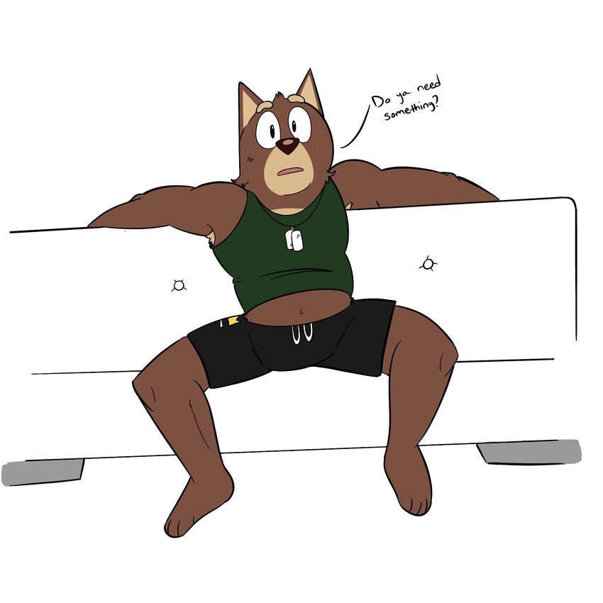 anthro black_bottomwear black_clothing black_shorts bottomwear brown_body brown_fur brown_nose clothing dog_tags front_view fur furniture green_clothing green_shirt green_tank_top green_topwear hair inside looking_at_viewer male multicolored_body multicolored_bottomwear multicolored_clothing multicolored_fur multicolored_shorts muscular muscular_anthro muscular_male on_sofa red_body red_ears red_fur red_hair shirt shorts sitting sitting_on_sofa sofa solo spread_legs spreading tank_top text topwear two_tone_body two_tone_bottomwear two_tone_clothing two_tone_fur two_tone_shorts yellow_bottomwear yellow_clothing yellow_shorts beargarbage bluey_(series) rusty's_dad_(bluey) australian_kelpie canid canine canis domestic_dog herding_dog mammal pastoral_dog sheepdog 1:1 2023 digital_media_(artwork) english_text hi_res