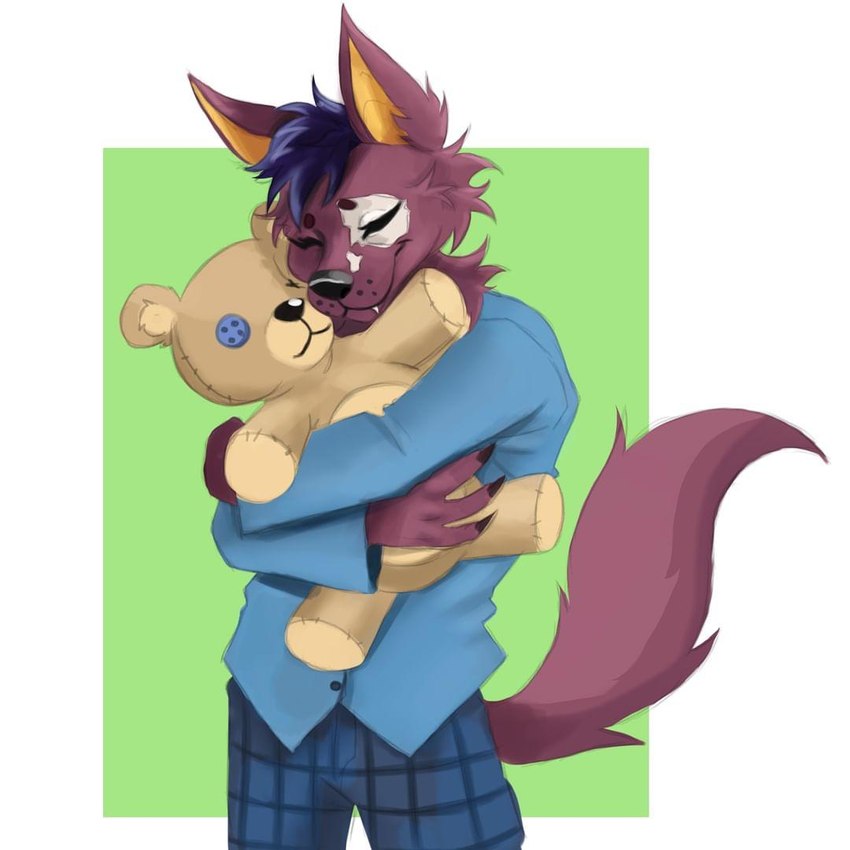 anthro blue_bottomwear blue_clothing blue_pants blue_shirt blue_topwear bottomwear closed_smile clothed clothing eyes_closed fully_clothed green_background hair holding_object holding_plushie holding_teddy_bear hug hugging_object hugging_plushie male mouth_closed pajamas pants plushie purple_hair shirt simple_background smile solo teddy_bear topwear 1:1