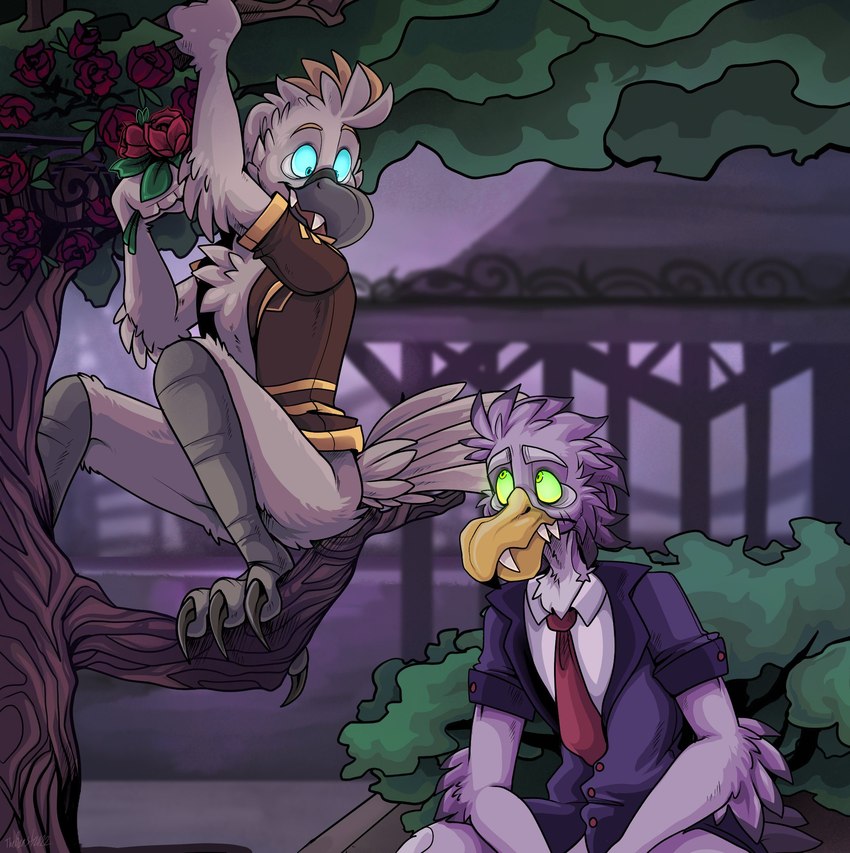 3_toes anthro arm_tuft beak bench bent_legs blonde_eyebrows blonde_hair blue_eyes blue_sclera bottomless bottomless_anthro bottomless_male branch claws clothed clothed_anthro clothed_male clothing duo elbow_tuft eyebrows feather_hair feathers feet fence flower frown frowning_at_another green_eyes green_sclera grey_beak grey_claws hair holding_flower holding_object holding_rose light male male_anthro multicolored_hair necktie on_bench on_branch open_mouth open_smile orange_beak outside pink_body pink_eyebrows pink_feathers pink_hair pink_tongue plant pseudo_hair purple_clothing purple_suit red_flower red_necktie rose_(flower) sharp_teeth short_hair shrub sitting smile suit tail tail_feathers talons teeth toes tongue toothed_beak tree tuft two_tone_hair white_body white_dress_shirt white_feathers white_hair white_tail beastofeuthanasia gniloy poleta_(beastofeuthanasia) accipitrid accipitriform avian bird cockatoo eagle pallas's_sea_eagle parrot sea_eagle 2022 colored digital_drawing_(artwork) digital_media_(artwork) english_description hi_res lighting shaded