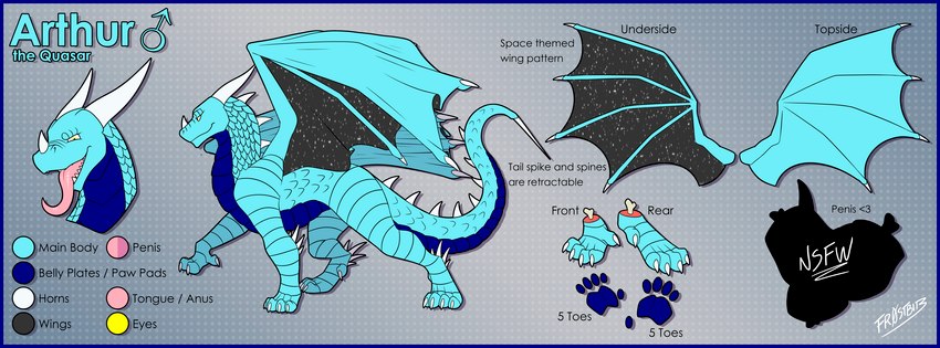 5_toes blue_body blue_border blue_scales border claws dorsal_ridge feet feral horn male membrane_(anatomy) membranous_wings open_mouth quadruped scales solo star_pattern tail text toes tongue walking white_horn wings yellow_eyes fr0stbit3 european_mythology mythology arthur_the_quasar dragon mythological_creature mythological_scalie quasar_dragon scalie western_dragon absurd_res english_text hi_res model_sheet