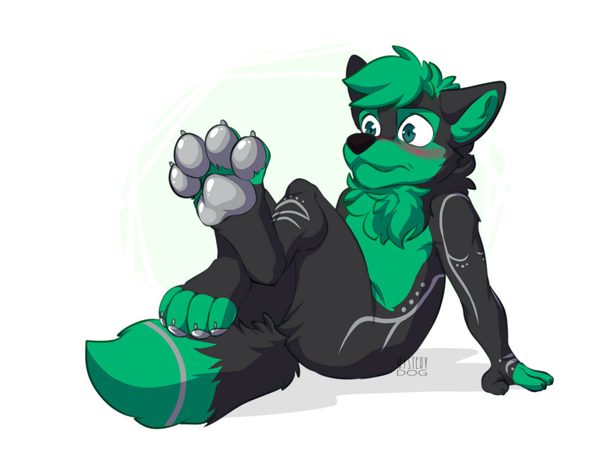 4_toes 5_fingers anthro biped black_body blush feet fingers foot_focus fur green_body green_fur male neck_tuft nervous nude pawpads paws silver_markings sitting solo toes tuft shepy_vilkavos canid canine canis mammal wolf hi_res