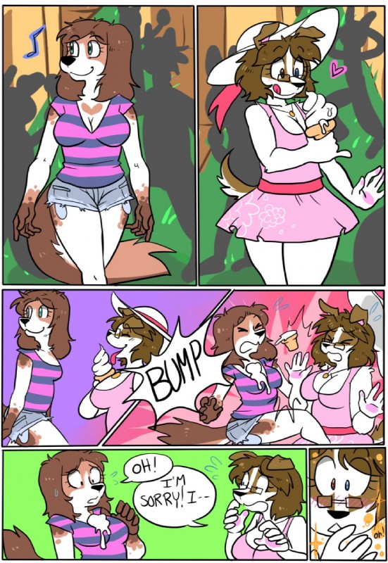 anthro blush bottomwear breasts brown_body brown_fur brown_hair cleavage clothed clothing dessert dialogue dress duo eyewear female food fur glasses hair hat headgear headwear heart_symbol heterochromia ice_cream licking party shorts text tongue tongue_out zombbh bee_(zombbh) canid canine canis domestic_dog mammal comic digital_media_(artwork) english_text hi_res