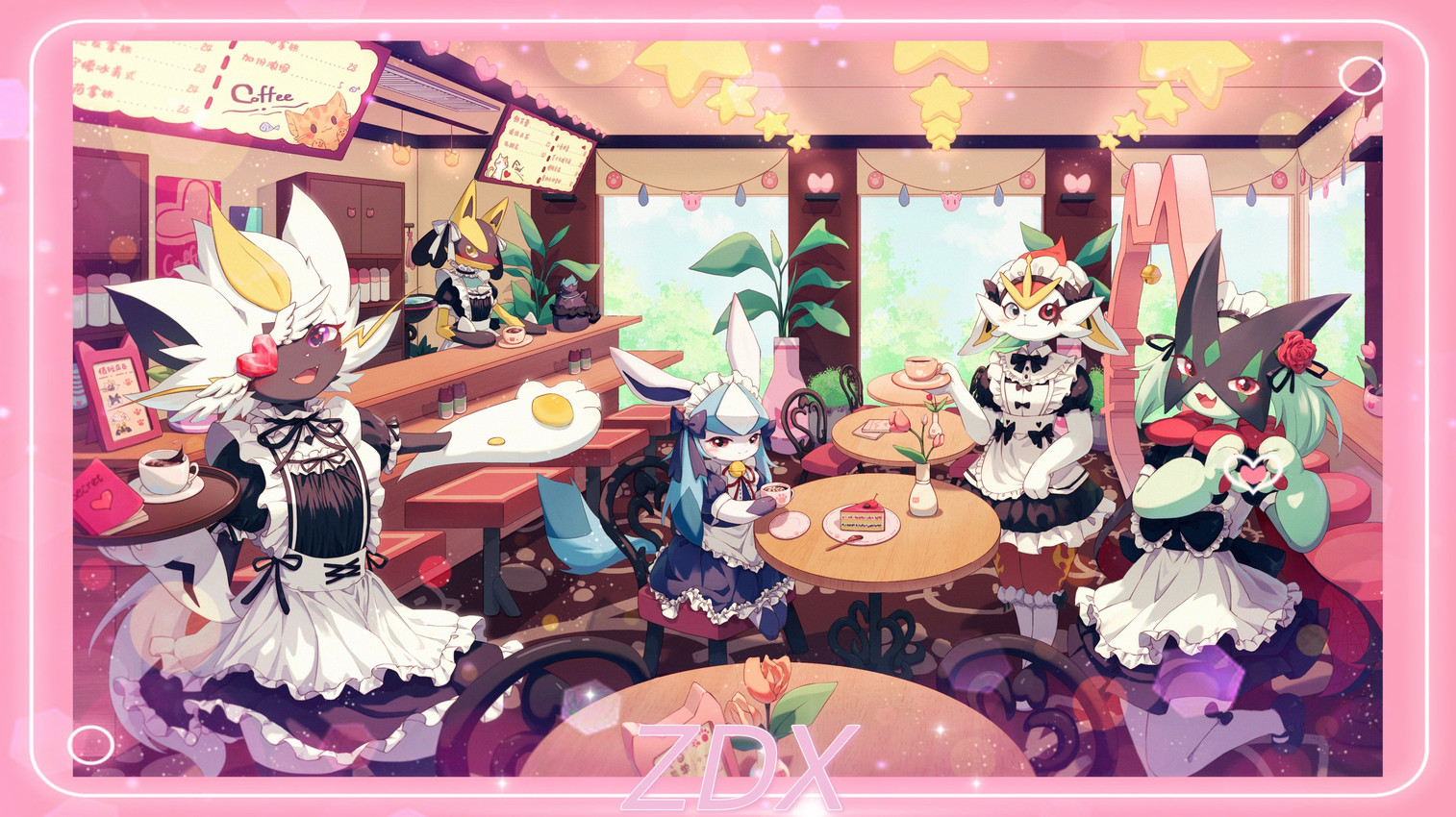alternate_color anthro apron black_clothing black_dress blue_eyes blush border cake cat_cafe chair cheek_tuft clothed clothing container cup cutlery dessert detailed_background dress embarrassed eye_patch eyewear facial_tuft female female_anthro flower food fork fully_clothed furniture gesture group heart_catchlight heart_gesture heterochromia holding_container holding_cup holding_object holding_platter inside inviting kitchen_utensils latte_art lens_flare looking_at_viewer maid_cafe maid_headdress maid_uniform menu_board on_chair on_one_leg open_mouth open_smile outstretched_arm pawprint_print pink_border plant plant_pot plate pose potted_plant purple_eyes raised_leg red_eyes restaurant sitting smile sparkles standing stool table tea_cup tools tuft tulip_(flower) uniform vase waiter white_apron white_clothing yellow_eyes zdx nintendo pokemon della_(zdx) fan_character keynes_zavier_(zdx) tea_party_style_glaceon cinderace eeveelution felid feline generation_4_pokemon generation_7_pokemon generation_8_pokemon generation_9_pokemon glaceon lagomorph legendary_pokemon lucario mammal meowscarada pokemon_(species) zeraora 2025 absurd_res hi_res
