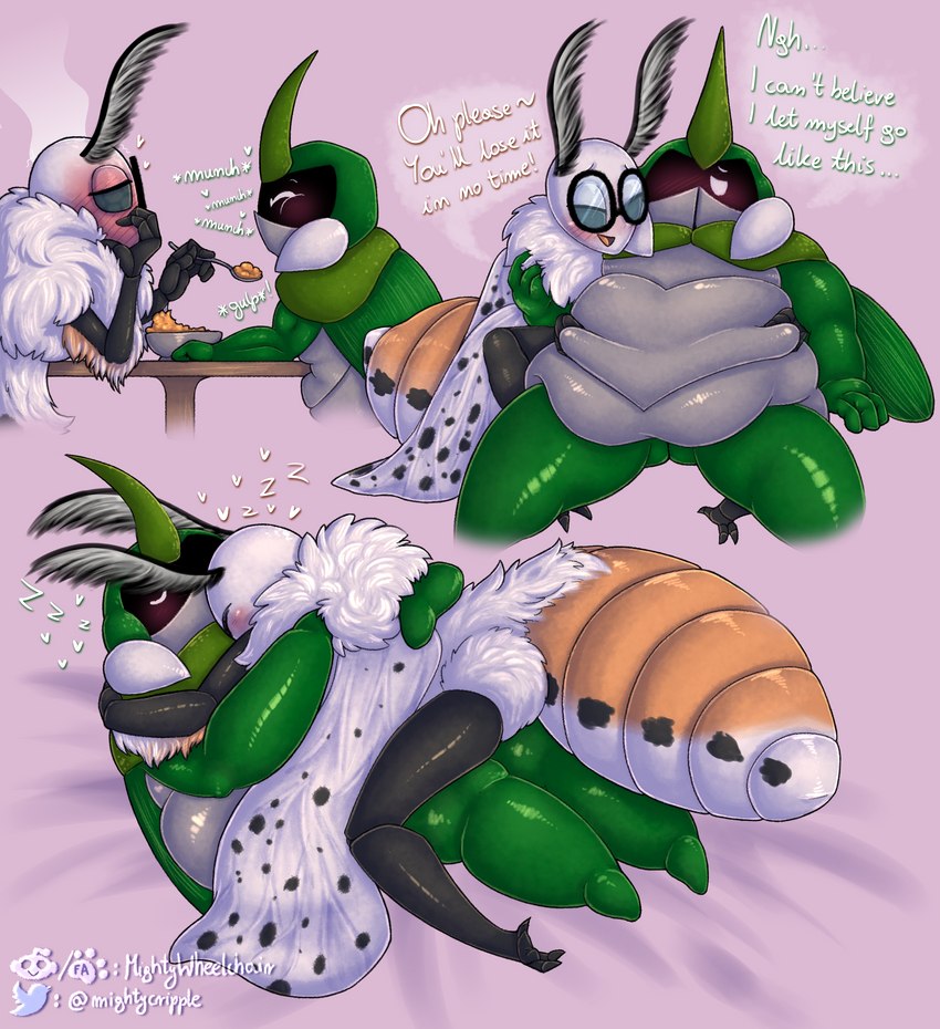 antennae_(anatomy) anthro anus arthropod_abdomen arthropod_abdomen_anus belly belly_rolls belly_squish big_belly blush blushing_profusely cuddling dialogue duo eating eyewear feeder feederism feeding female female_on_top fluffy fluffy_antennae fluffy_body glasses glasses_off hug male male/female male_feedee neck_tuft obese on_top overweight overweight_male skinny_female sleeping sleeping_together speech_bubble spoon_feeding spots spotted_abdomen spotted_wings squish steaming tuft weight_gain mightywheelchair bug_fables moonsprout_games kabbu_(bug_fables) minty_(mightywheelchair) arthropod beetle insect lepidopteran moth absurd_res hi_res multiple_images