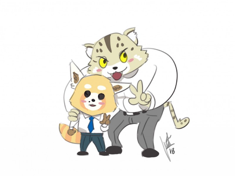 anthro blue_bottomwear blue_clothing blue_necktie blue_pants blush bottomwear clothing dress_shirt duo gesture grey_bottomwear grey_clothing grey_pants hand_gesture male necktie pants shirt simple_background slacks topwear v_sign white_background white_clothing white_shirt white_topwear shtarfish aggretsuko sanrio manumaru resasuke ailurid felid feline mammal pallas's_cat red_panda 4:3